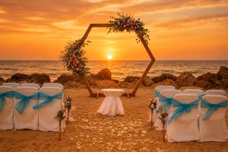 Hexagon floral arch at sunset with draped guest seating and a rose petal aisle &mdash; A Little More beach wedding package